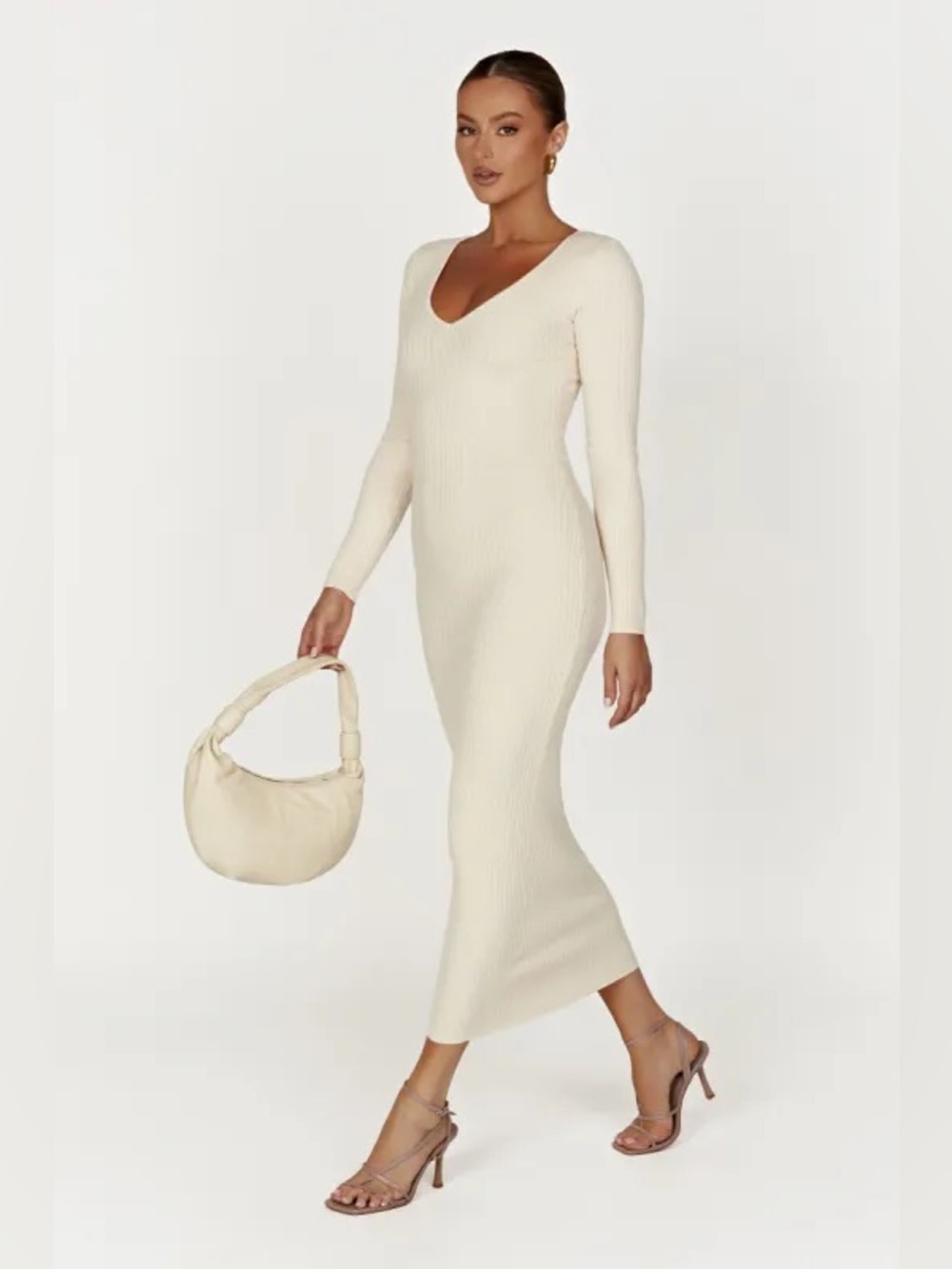 Meshki Nina Cream Ribbed V-Neck Long Sleeve Maxi Dress